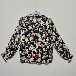 Vince Camuto Top Blouse Rich Black Pink Long Sleeves Front Button Collar 0699